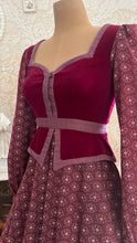 Load image into Gallery viewer, 1970's vintage Burgundy Velveteen and Calico Gunne Sax midi peplum dress