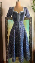 Load image into Gallery viewer, Restored 1970's vintage Navy Blue calico Gunne Sax midi peplum dress