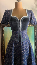 Load image into Gallery viewer, Restored 1970's vintage Navy Blue calico Gunne Sax midi peplum dress