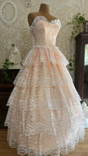 Load image into Gallery viewer, Perfect 1980’s Vintage Peachy Pink Satin and White Lace Dream Dress with Armlets