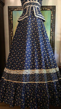 Load image into Gallery viewer, Amazing 1970’s Vintage Navy and Gold Calico Gunne Sax Peplum Sundress