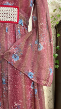 Load image into Gallery viewer, Lovely 1970’s Vintage Mauve and Blue Rose Print Angel Sleeve Dress