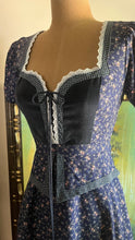 Load image into Gallery viewer, Restored 1970's vintage Navy Blue calico Gunne Sax midi peplum dress