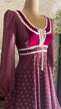 Load image into Gallery viewer, 1970’s Vintage Burgundy Velveteen and Calico Gunne Sax Midi Dress