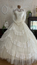 Load image into Gallery viewer, Breathtaking 1950’s Vintage White Tulle and Lace Bridal Gown Wedding Dress