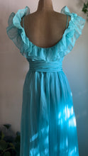 Load image into Gallery viewer, 1970’s Vintage Cold Shoulder Ice Blue Ruffle Dress and Belt