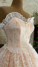 Load image into Gallery viewer, Perfect 1980’s Vintage Peachy Pink Satin and White Lace Dream Dress with Armlets