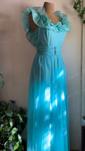 Load image into Gallery viewer, 1970’s Vintage Cold Shoulder Ice Blue Ruffle Dress and Belt