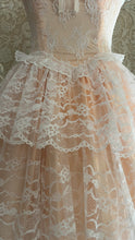 Load image into Gallery viewer, Perfect 1980’s Vintage Peachy Pink Satin and White Lace Dream Dress with Armlets