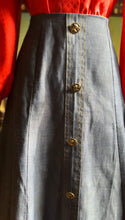 Load image into Gallery viewer, Handmade Vintage Gold Horse Button Down Denim Prairie Skirt