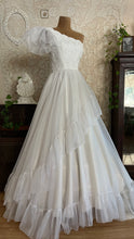Load image into Gallery viewer, 1950’s Vintage One Shoulder Ruffled White Chiffon Gown by Mike Benet Formals