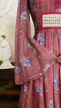 Load image into Gallery viewer, Lovely 1970’s Vintage Mauve and Blue Rose Print Angel Sleeve Dress