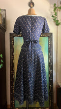 Load image into Gallery viewer, Restored 1970's vintage Navy Blue calico Gunne Sax midi peplum dress