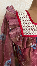 Load image into Gallery viewer, Lovely 1970’s Vintage Mauve and Blue Rose Print Angel Sleeve Dress