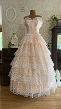 Load image into Gallery viewer, Perfect 1980’s Vintage Peachy Pink Satin and White Lace Dream Dress with Armlets