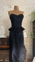 Load image into Gallery viewer, Deadstock 1980’s Vintage Black Satin Gunne Sax Peplum Wiggle Dress