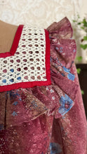 Load image into Gallery viewer, Lovely 1970’s Vintage Mauve and Blue Rose Print Angel Sleeve Dress