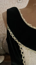 Load image into Gallery viewer, Medieval vibes 1970’s vintage Darkest Green Velveteen Candi Jones Dress