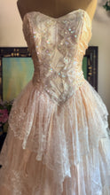 Load image into Gallery viewer, Dream 1980’s Vintage Pink Lace and Sequin Strapless Gown with matching armlets