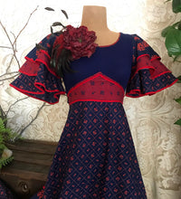 Load image into Gallery viewer, 1970’s vintage red and navy floral calico ruffle dress