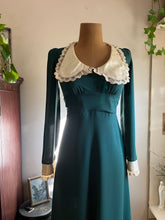 Load image into Gallery viewer, 1960’s Vintage Pine Needle Green Crepe and Satin Puritan Collar Maxi Dress