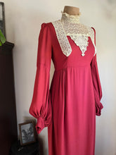 Load image into Gallery viewer, Incredible 1970’s Vintage Handmade Brick Red Satin Crepe and Antique Lace Maxi Dress