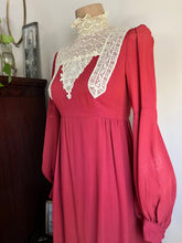 Load image into Gallery viewer, Incredible 1970’s Vintage Handmade Brick Red Satin Crepe and Antique Lace Maxi Dress