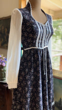 Load image into Gallery viewer, Beautiful 1970’s Vintage Black Calico Gunne Sax Midi Dress