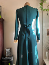 Load image into Gallery viewer, 1960’s Vintage Pine Needle Green Crepe and Satin Puritan Collar Maxi Dress