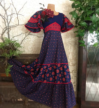 Load image into Gallery viewer, 1970’s vintage red and navy floral calico ruffle dress