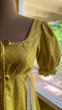 Load image into Gallery viewer, Sale~ 3 Piece Handmade Vintage Yellow Calico Dress Bonnet and Bag