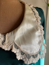 Load image into Gallery viewer, 1960’s Vintage Pine Needle Green Crepe and Satin Puritan Collar Maxi Dress