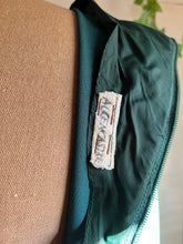 Load image into Gallery viewer, 1960’s Vintage Pine Needle Green Crepe and Satin Puritan Collar Maxi Dress