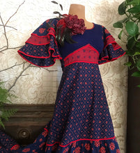 Load image into Gallery viewer, 1970’s vintage red and navy floral calico ruffle dress