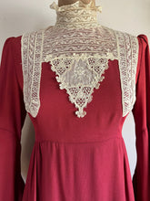 Load image into Gallery viewer, Incredible 1970’s Vintage Handmade Brick Red Satin Crepe and Antique Lace Maxi Dress