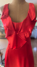 Load image into Gallery viewer, Rare Showstopper 1960’s Vintage Liquid Red Satin Ruffle Maxi Dress