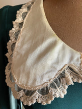 Load image into Gallery viewer, 1960’s Vintage Pine Needle Green Crepe and Satin Puritan Collar Maxi Dress