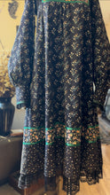Load image into Gallery viewer, Authentic 1970’s Vintage Black Calico and Velveteen Trapeze Gunne Sax Midi Dress