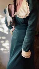 Load image into Gallery viewer, 1960’s Vintage Pine Needle Green Crepe and Satin Puritan Collar Maxi Dress