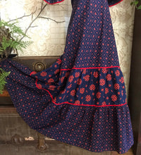 Load image into Gallery viewer, 1970’s vintage red and navy floral calico ruffle dress