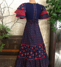 Load image into Gallery viewer, 1970’s vintage red and navy floral calico ruffle dress