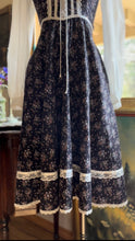 Load image into Gallery viewer, Beautiful 1970’s Vintage Black Calico Gunne Sax Midi Dress