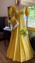 Load image into Gallery viewer, Sale~ 3 Piece Handmade Vintage Yellow Calico Dress Bonnet and Bag