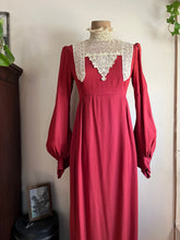 Load image into Gallery viewer, Incredible 1970’s Vintage Handmade Brick Red Satin Crepe and Antique Lace Maxi Dress