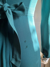 Load image into Gallery viewer, 1960’s Vintage Pine Needle Green Crepe and Satin Puritan Collar Maxi Dress