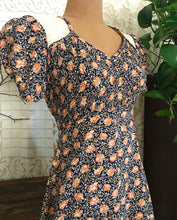 Load image into Gallery viewer, 1970’s Vintage Apricot Rose and Navy Seersucker Dress by Jody T