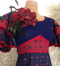 Load image into Gallery viewer, 1970’s vintage red and navy floral calico ruffle dress