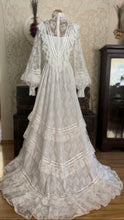 Load image into Gallery viewer, Breathtaking 1970’s Vintage White Lace Bridal Gown Wedding Dress