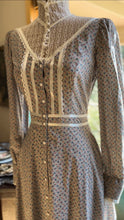 Load image into Gallery viewer, Authentic 1970’s Vintage Gray Calico Gunne Sax Midi Dress