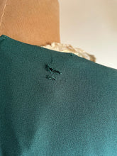 Load image into Gallery viewer, 1960’s Vintage Pine Needle Green Crepe and Satin Puritan Collar Maxi Dress